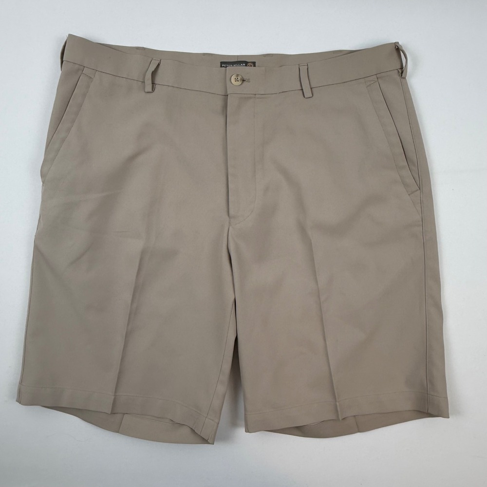 Peter Millar e4 Wicking Mens Golf Shorts Khaki Tan Size 36 Flat Front Polyester